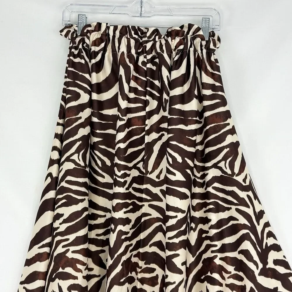 Madison Made in Italy Zebra Midi Skirt Brown Animal Print Elastic Waist S/M